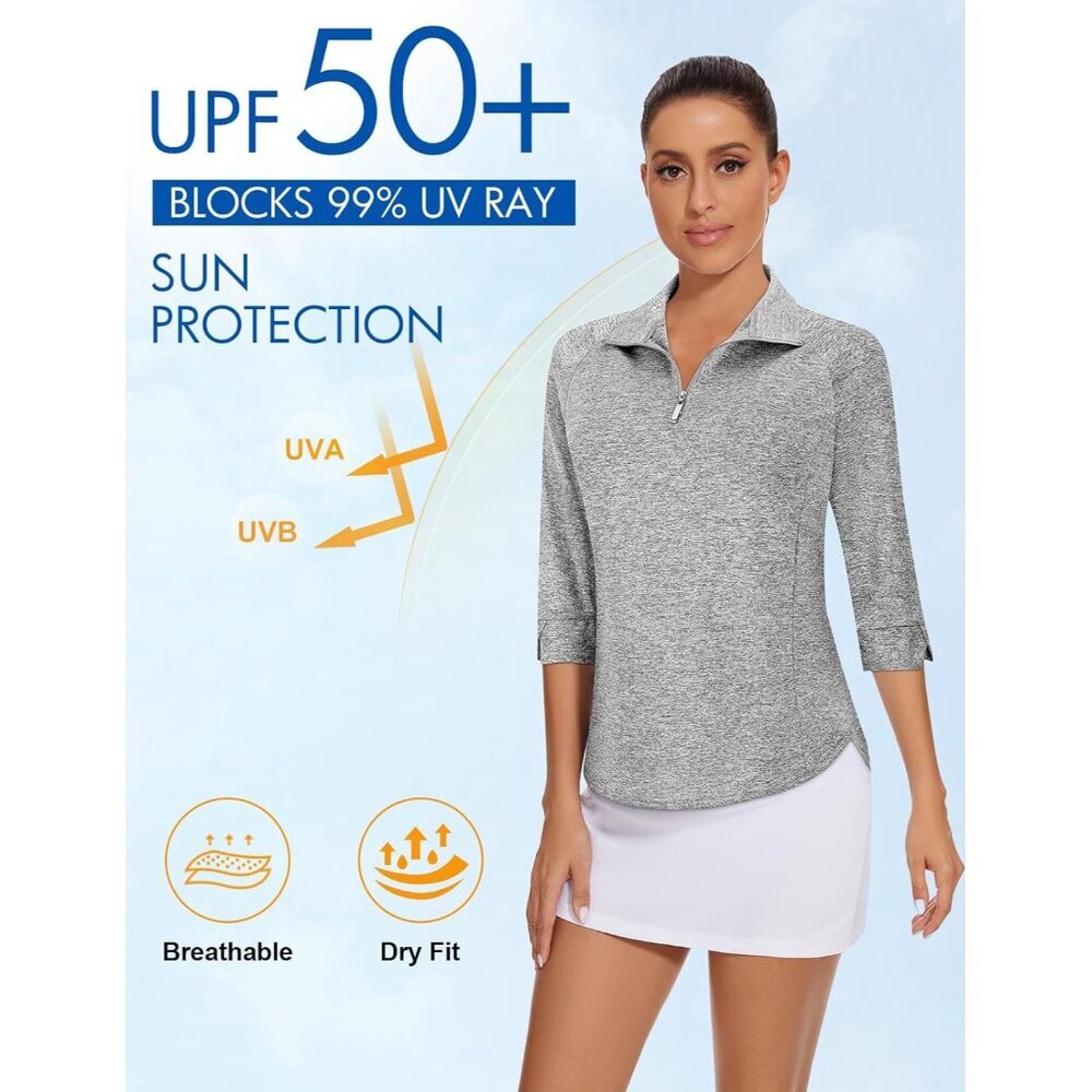 Womens Golf Shirt Polyester UV Protection 3/4 Sleeve Workout Tennis Tops - Picture 3 of 5